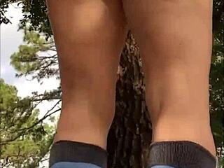 horny brunette babe shows ass in cute panty outdoor