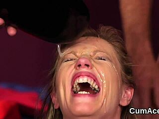 Hottie Gulps Cum In Bukkake Facial