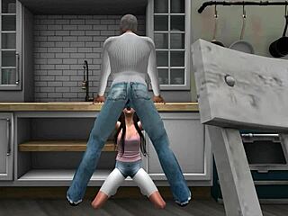Old and young couple's kinky kitchen sex scene in Second Life