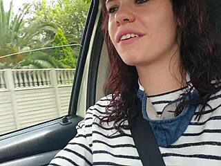 Skinny brunette masturbates pussy outside car in close-up action!