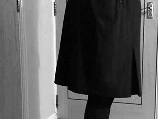 shemale crossdresser self-binds in uniform with handcuffs