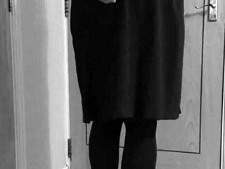 shemale crossdresser self-binds in uniform with handcuffs