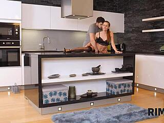 after rimming the handyman, he licks pussy and has sex with the girl in the kitchen