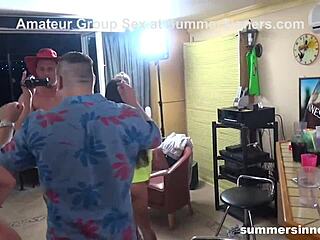 Shaved pussy gets fucked hard in summer orgy