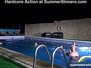 Shaved pussy gets fucked hard in summer orgy