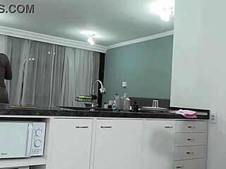 Want to see this black babe in lingerie tease a young toy in the kitchen?