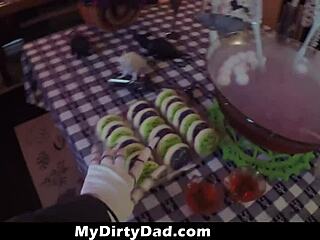 feel the excitement as stepdaughter rides daddy in trick or treat fantasy