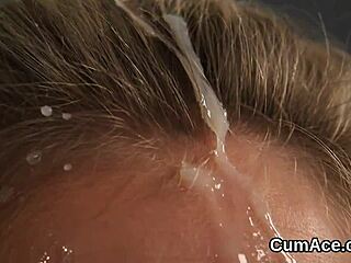 the kinky bombshell eagerly sucks and swaps cum, getting a huge facial load