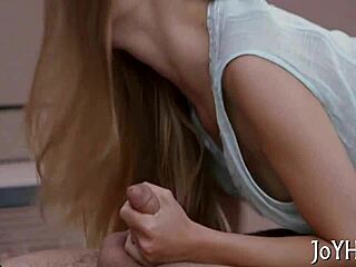 Young petite twat roughly split by massive ramrod in hardcore fucking and sucking.