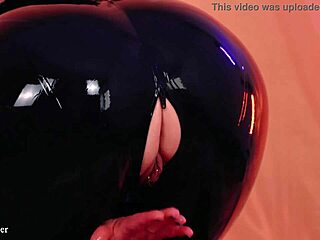 Curvy lady in shiny latex, teasing with her wet pussy