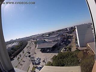 Naked woman exposes big tits at hotel window near airport for voyeur creampie