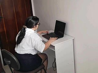 Horny secretary in miniskirt blows boss and gets cum on ass