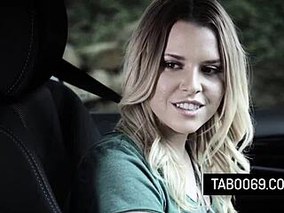 Blonde teen Aubrey Sinclair deepthroats driving instructor outdoors.