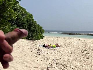 Voyeur pervert jerks off to busty milf and stepdaughter sunbathing, cums on their faces