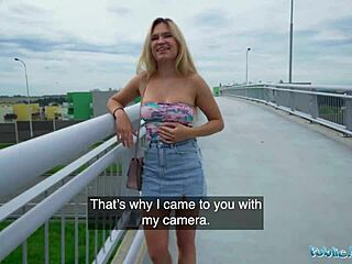 Public agent flashes tits and ass on bridge before sex with stranger