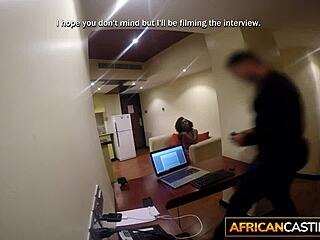 The curly black babe gets stripped and fucked hard by the fake white agent in this homemade scene