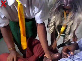 Squirting babe and hairy pussy creampie threesome at school