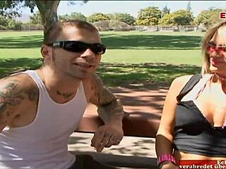 skinny blonde wife takes cumshot while cuckold stares in shock.