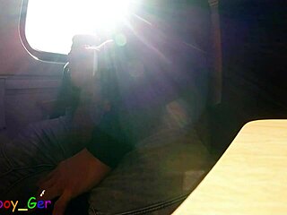 Spontaneous gay jerk off with huge cumshot on moving train