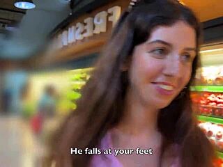 Skinny brunette gets cum shower in supermarket POV video