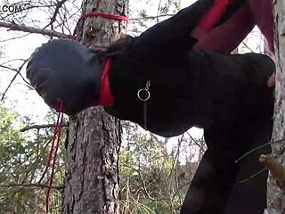 Petite Teen Tied To Tree Outdoor In Pantyhose And Boots For Rough Fuck