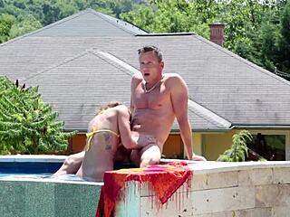 Stunning Spanish teen Susy Gala deepthroats big cock by the pool on holiday