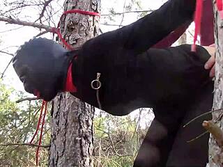 Petite Teen Tied To Tree Outdoor In Pantyhose And Boots For Rough Fuck