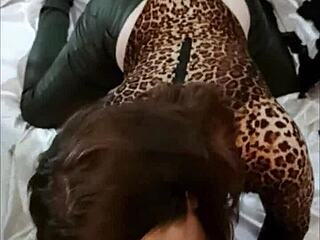 2112 TEC straight view French amateur black leather pants multi-colored thong satin grey shirt heels rimming doggystyle POV.