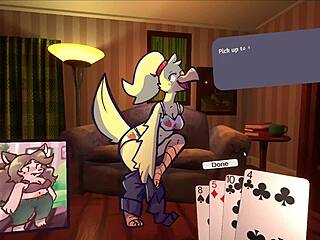 Two chicks playing poker in furry strip poker game