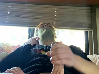 blonde teen masturbates his cock during skincare on webcam