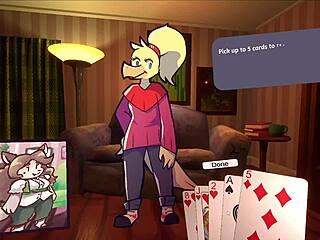 Two chicks playing poker in furry strip poker game