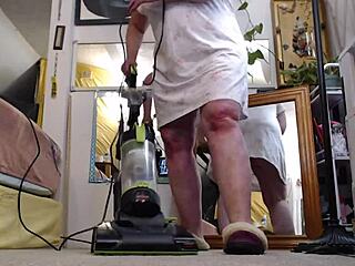 Vacuuming without panties in slippers