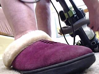 Vacuuming without panties in slippers