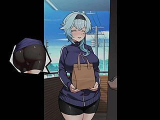 Busty hentai delivery worker exposed in anime game action. Her big tits steal the show in this wild scene.