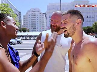 hey guys, check out these young carioca guys pounding the russian tourist's ass in a wild group anal threesome with monster cocks