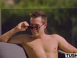 Cute brunette gives close-up blowjob with eye contact.