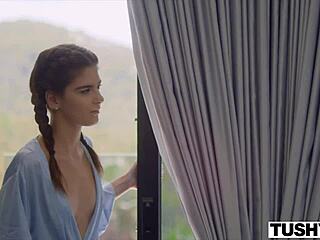 Cute brunette gives close-up blowjob with eye contact.