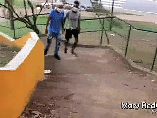 Redhead Wife Caught Masturbating Publicly Sucks Young Studs