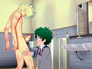 Midoriya gets handjob and fucked by Bakugou in bathroom