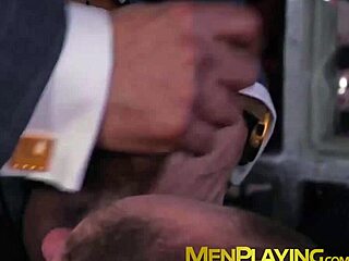 Classy businessmen get wet blowjobs with rough action