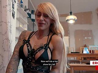 Toned Sandy works out with fan in steamy session?