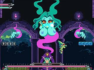 Teen witch in pixel hentai game gets monster cock titjob