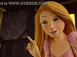 Rapunzel discovers a cock and experiments with footjob in wild animation. What happens next in this hentai scene?