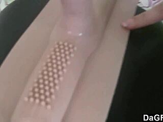 Watch this naughty brunette ride her sybian toy on the bed, flooding it with her juices while piercing her small tits!