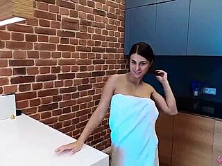 booty brunette bangs dildo for orgasm at morning breakfast