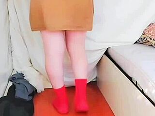 pink shirt black mini skirt white legs sissy