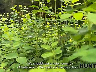 Hunter bangs beautiful friend with big natural tits in outdoor forest anime scene