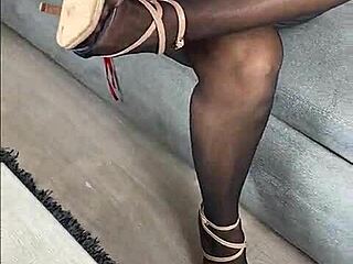 kenia teases in black stockings and red satin dress