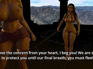 Why does the fallen princess bend over for a titty fuck with big tits in this hentai threesome?