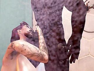 second life black man fucks redhead white woman orally and anally, then showers with her